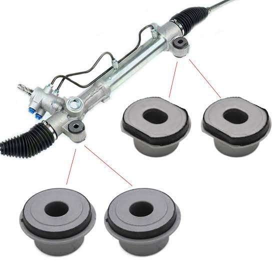 Steering assembly identification diagram separating external rack mounts, internal rack support, tie rod ball joint, dust boot and a design-specific elastomeric linkage joint