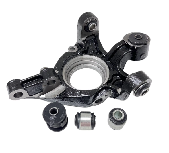 Exploded rubber-to-metal bushing showing inner sleeve, elastomer, outer sleeve, optional voids, flanges and carrier bore