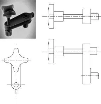Dimensioned bushing installation showing sleeve length, bracket spacing, receiving bore, and angular reference